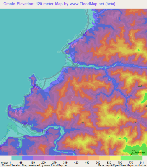 Omaio,New Zealand Elevation Map