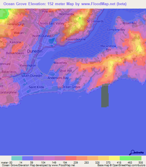 Ocean Grove,New Zealand Elevation Map