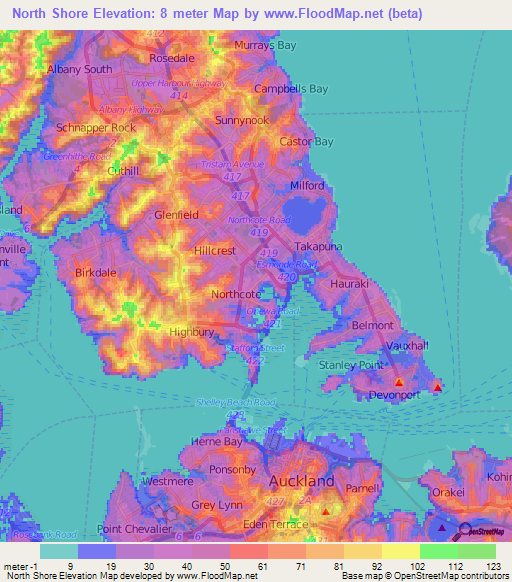 North Shore,New Zealand Elevation Map
