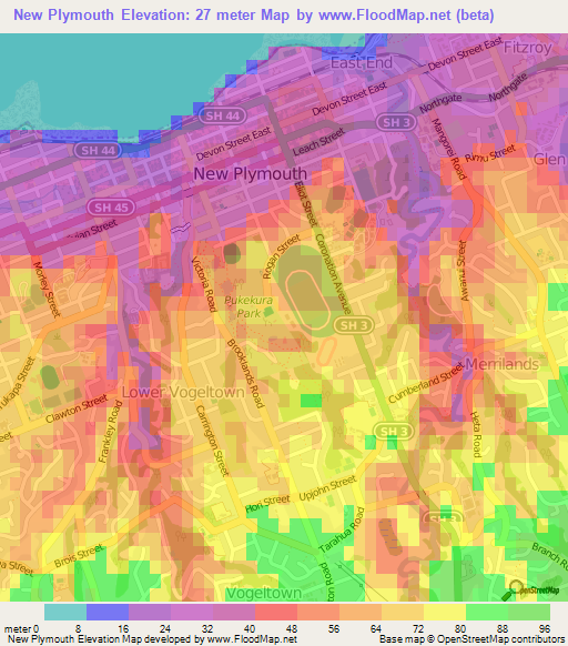 New Plymouth,New Zealand Elevation Map
