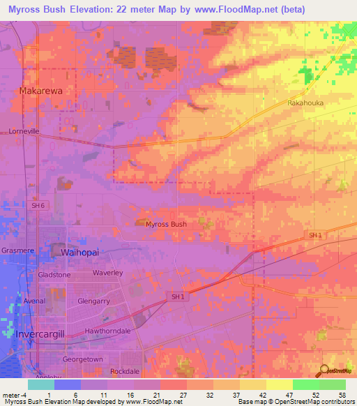 Myross Bush,New Zealand Elevation Map