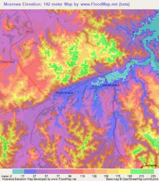 Moerewa,New Zealand Elevation Map