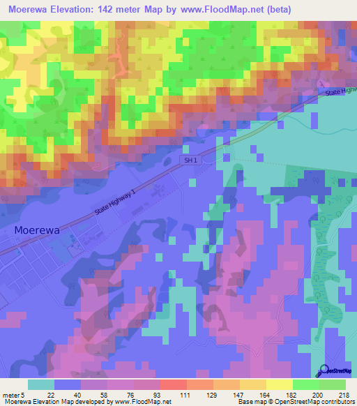 Moerewa,New Zealand Elevation Map