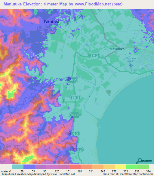 Manutuke,New Zealand Elevation Map