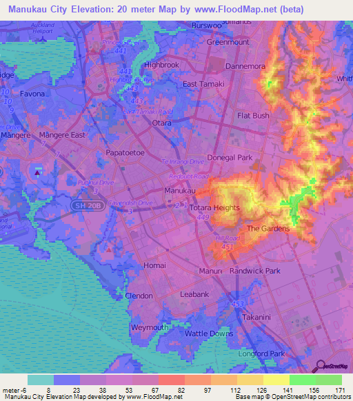Manukau City,New Zealand Elevation Map