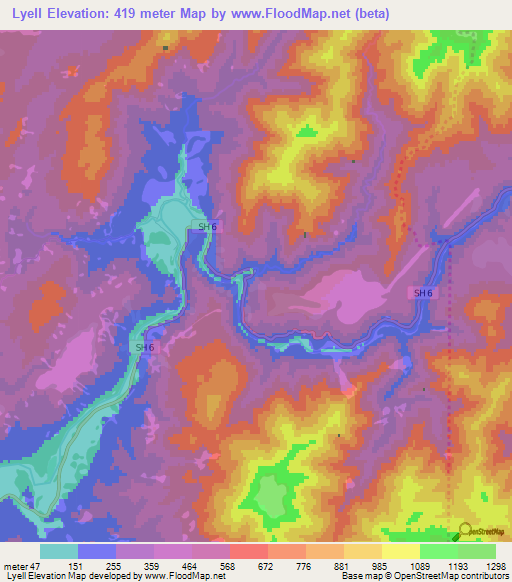Lyell,New Zealand Elevation Map
