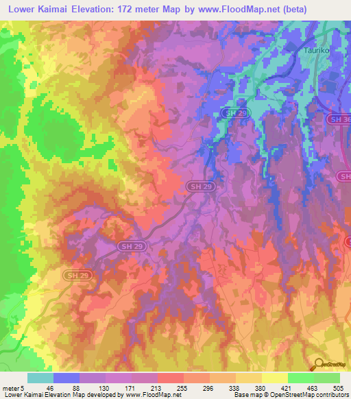 Lower Kaimai,New Zealand Elevation Map