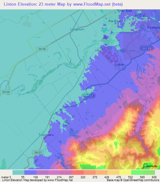 Linton,New Zealand Elevation Map