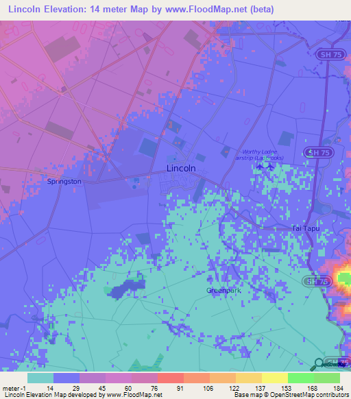 Lincoln,New Zealand Elevation Map