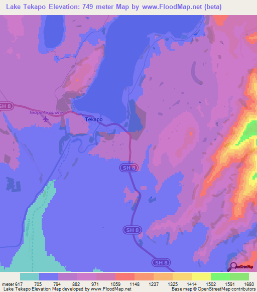 Lake Tekapo,New Zealand Elevation Map