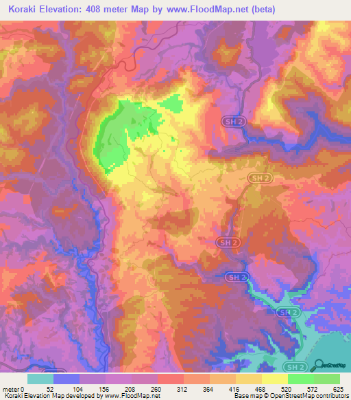 Koraki,New Zealand Elevation Map