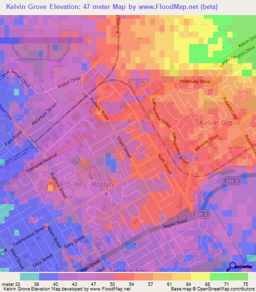 Kelvin Grove,New Zealand Elevation Map