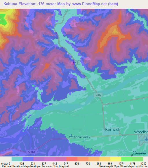 Kaituna,New Zealand Elevation Map