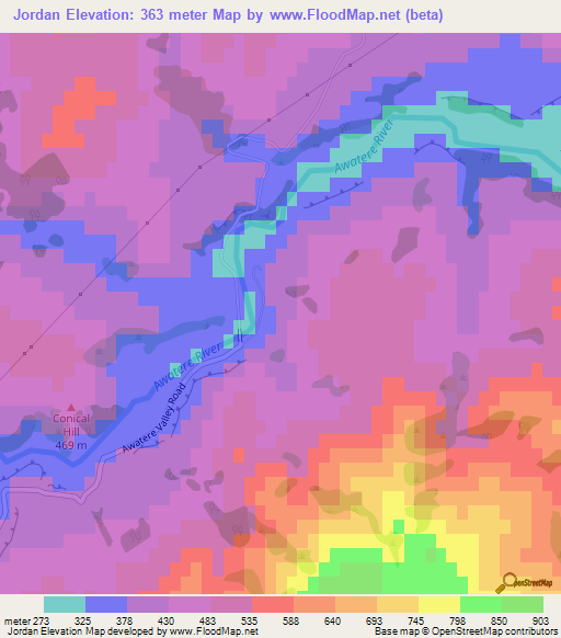 Jordan,New Zealand Elevation Map