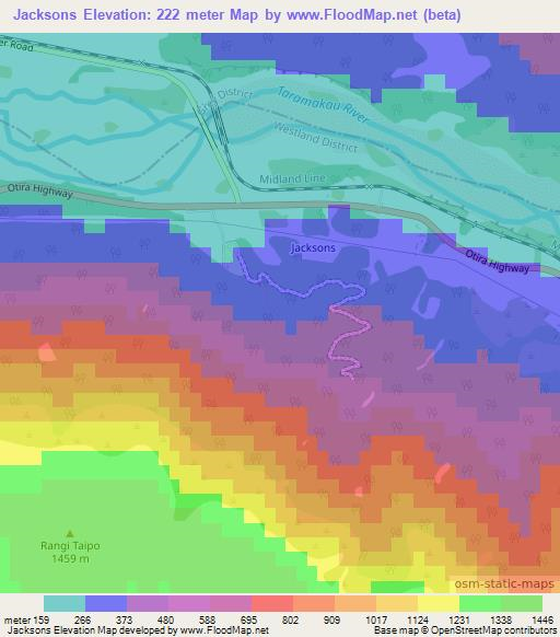 Jacksons,New Zealand Elevation Map