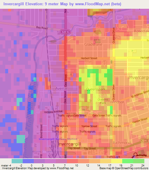 Invercargill,New Zealand Elevation Map