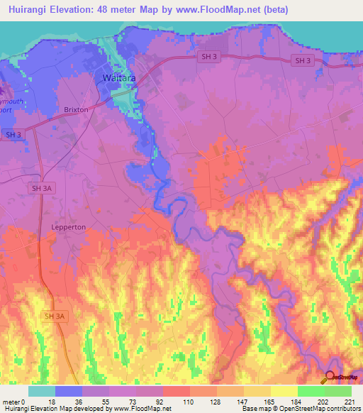 Huirangi,New Zealand Elevation Map