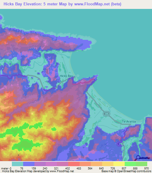 Hicks Bay,New Zealand Elevation Map