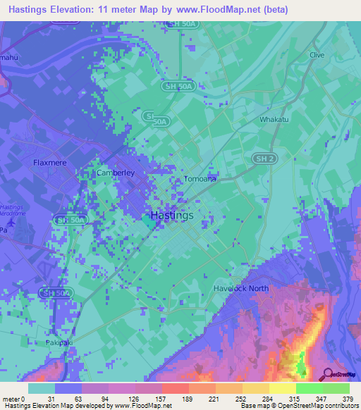 Hastings,New Zealand Elevation Map