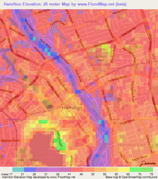 Hamilton,New Zealand Elevation Map