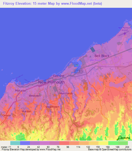 Fitzroy,New Zealand Elevation Map