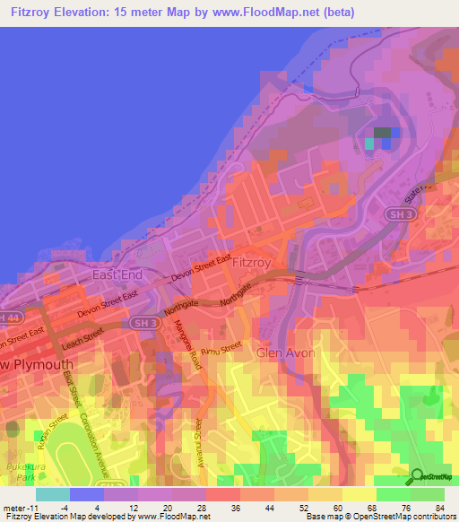 Fitzroy,New Zealand Elevation Map