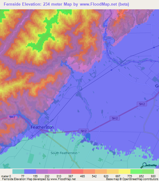 Fernside,New Zealand Elevation Map
