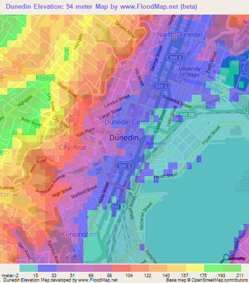 Dunedin,New Zealand Elevation Map