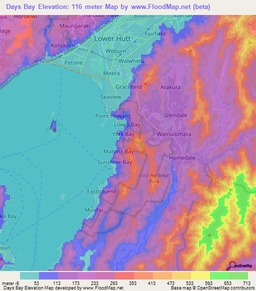 Days Bay,New Zealand Elevation Map