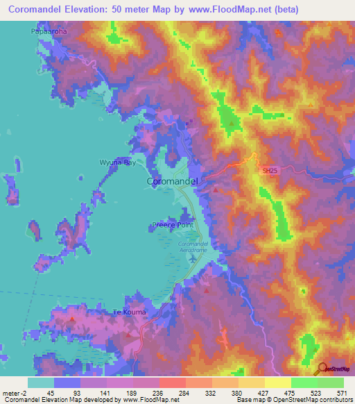 Coromandel,New Zealand Elevation Map