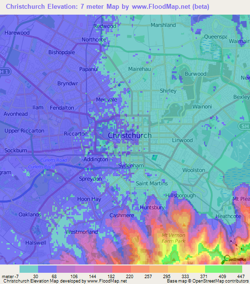 Christchurch,New Zealand Elevation Map