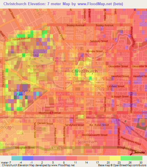 Christchurch,New Zealand Elevation Map