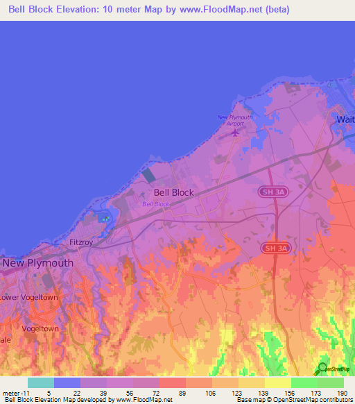 Bell Block,New Zealand Elevation Map