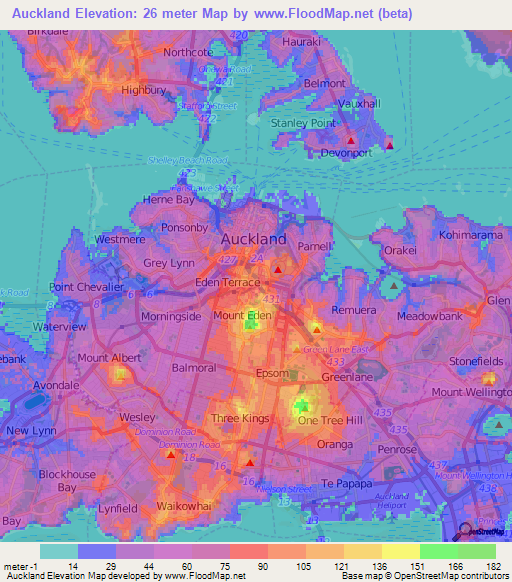 Auckland,New Zealand Elevation Map