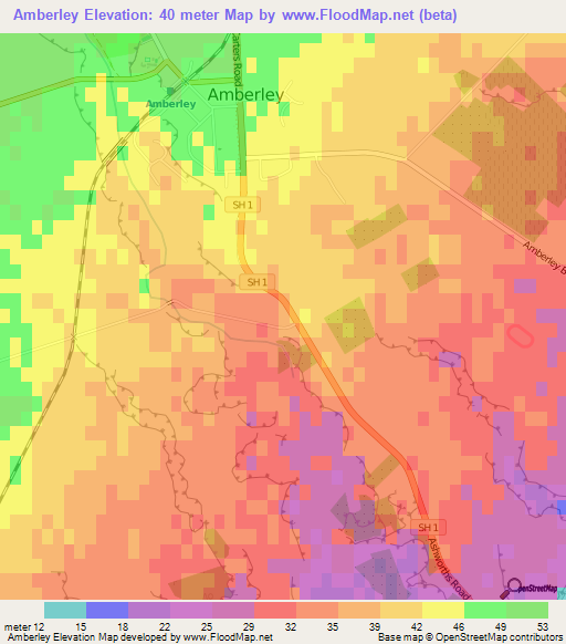 Amberley,New Zealand Elevation Map