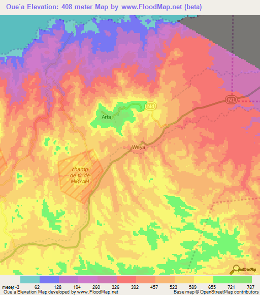 Oue`a,Djibouti Elevation Map