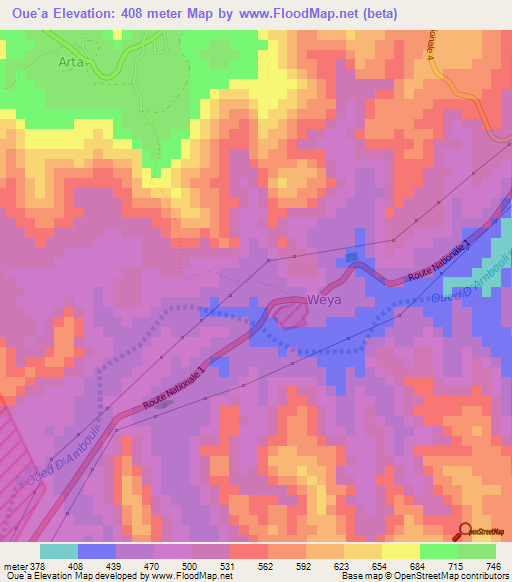 Oue`a,Djibouti Elevation Map