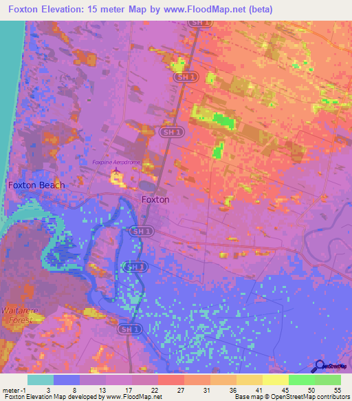 Foxton,New Zealand Elevation Map