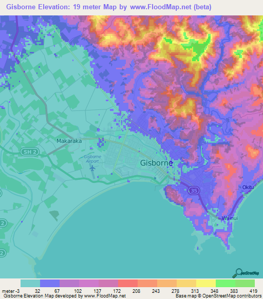 Gisborne,New Zealand Elevation Map