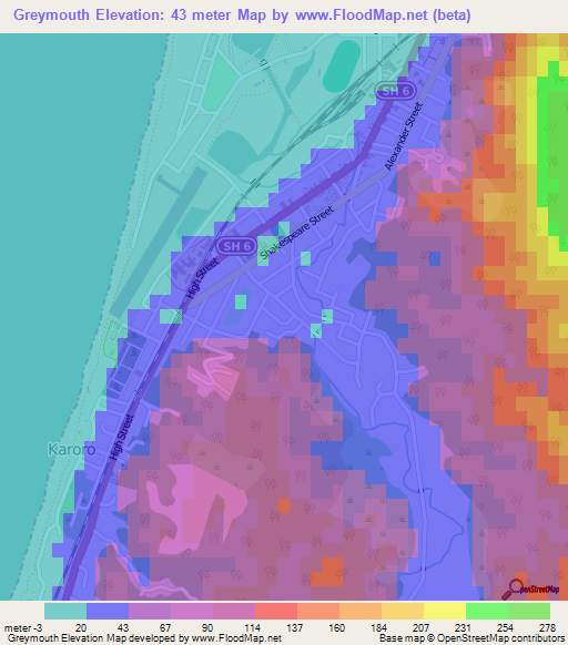 Greymouth,New Zealand Elevation Map