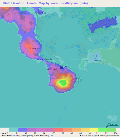 Bluff,New Zealand Elevation Map