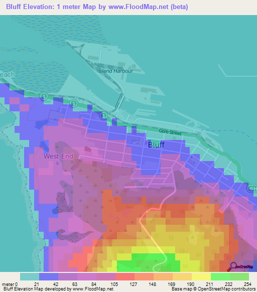 Bluff,New Zealand Elevation Map