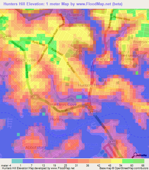 Hunters Hill,Australia Elevation Map
