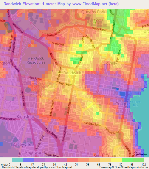 Randwick,Australia Elevation Map