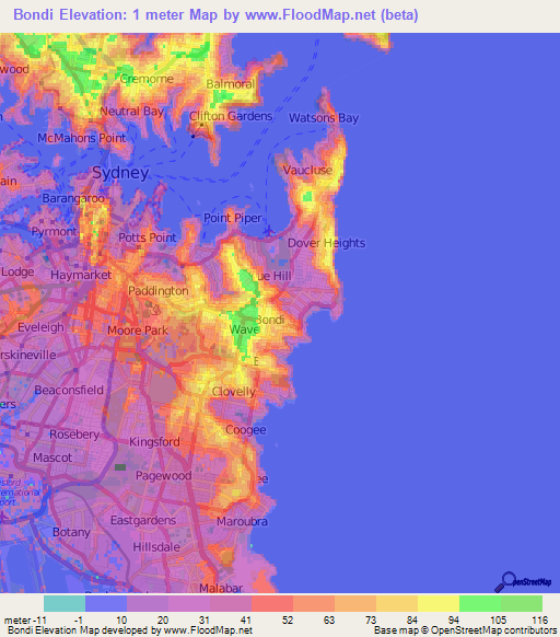 Bondi,Australia Elevation Map