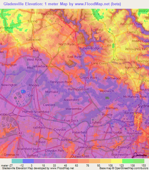Gladesville,Australia Elevation Map