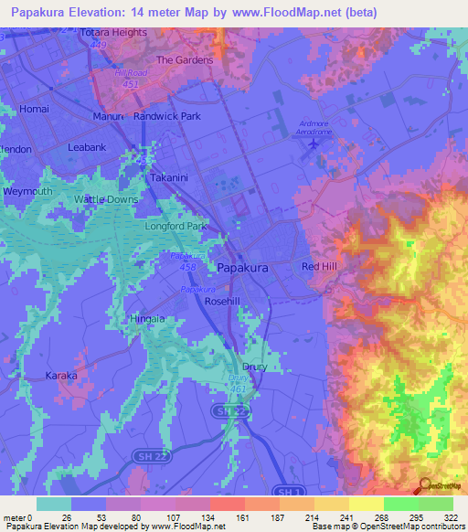 Papakura,New Zealand Elevation Map
