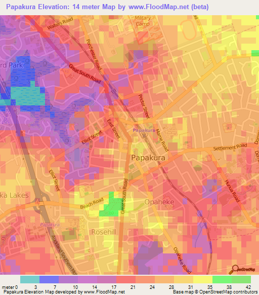 Papakura,New Zealand Elevation Map