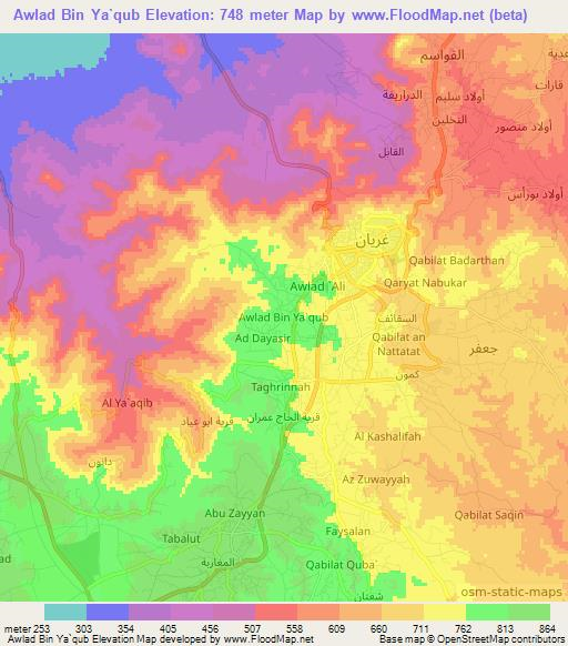 Awlad Bin Ya`qub,Libya Elevation Map