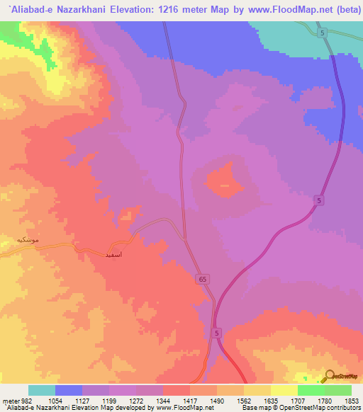 `Aliabad-e Nazarkhani,Iran Elevation Map
